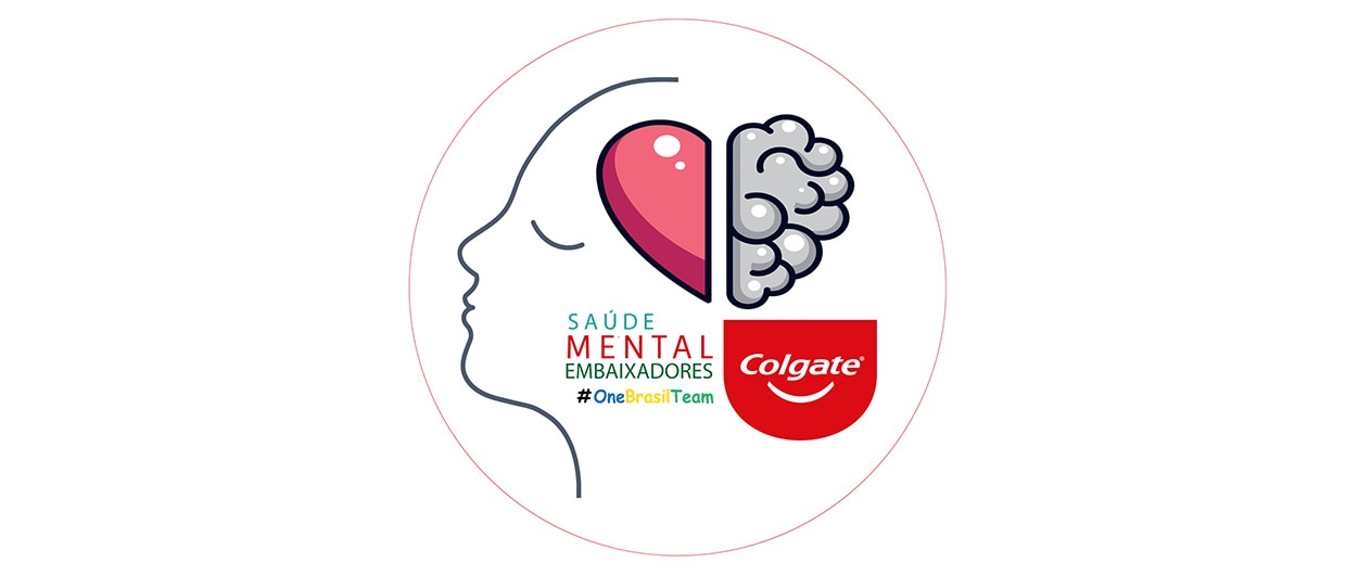 Logotipo de Saúde Mental Embaixadores Colgate mostrando um perfil de rosto com ícone de coração e cérebro integrados.